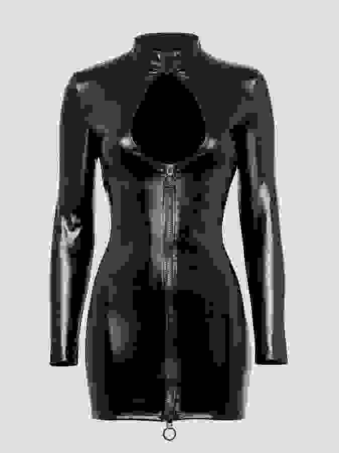 Lovehoney Plus Size Fierce Wet Look Long Sleeve Cut-Out Mini Dress, Black, hi-res